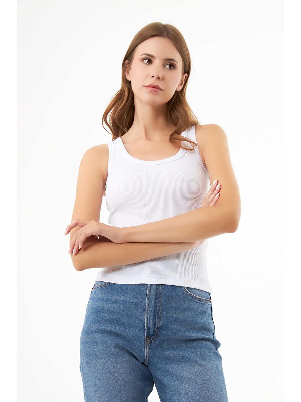 Beyaz Pamuklu Kalın Askılı Fitilli Kadın Atlet-7