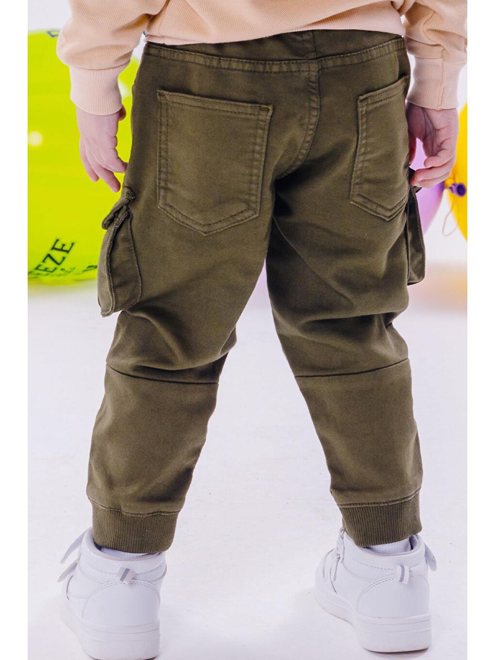 Erkek Çocuk Pantolon Kargo Cepli Beli Lastikli Koyu Haki Yeşil (3 Yaş)-1