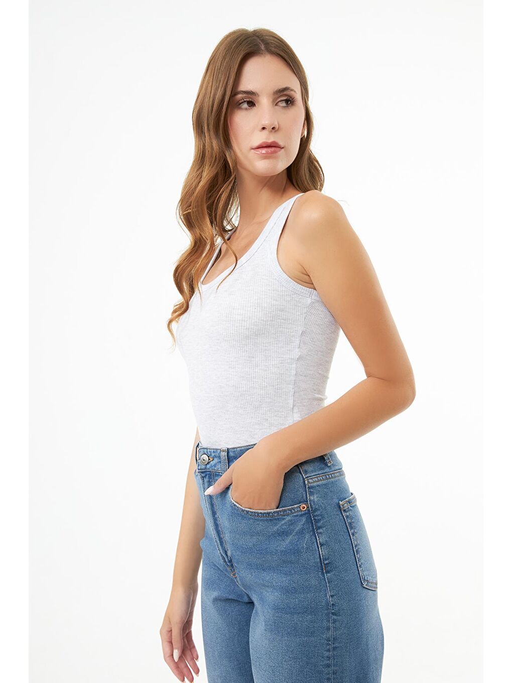 Gri Pamuklu Kalın Askılı Fitilli Kadın Atlet-3