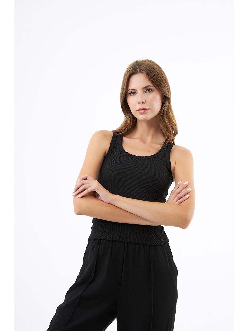 Siyah Pamuklu Kalın Askılı Fitilli Kadın Atlet-3