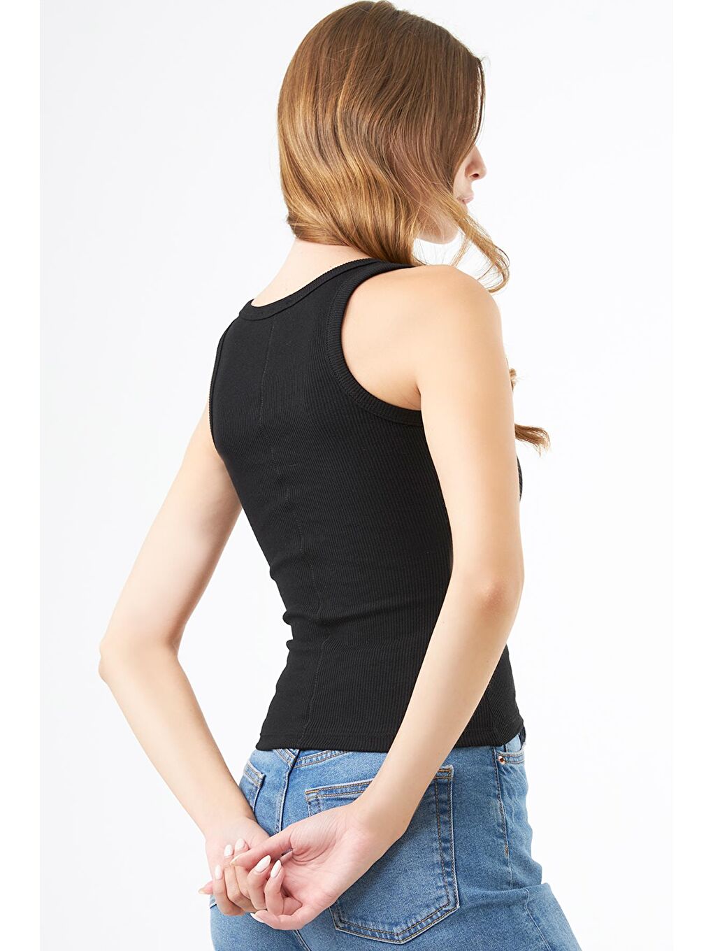 Siyah Pamuklu Kalın Askılı Fitilli Kadın Atlet-4