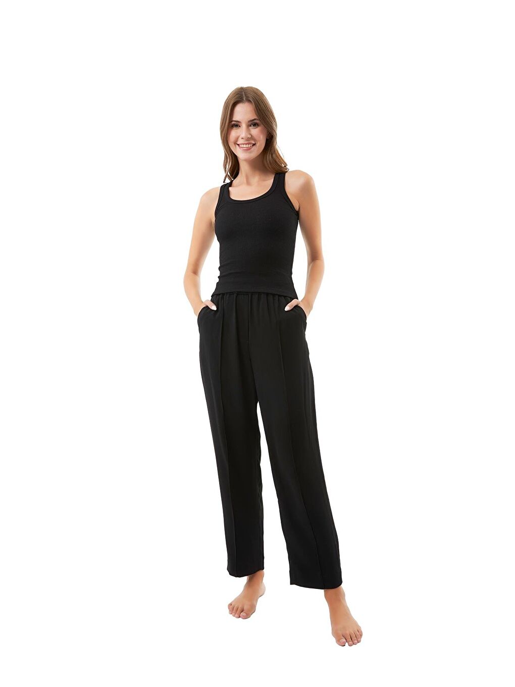 Siyah Pamuklu Kalın Askılı Fitilli Kadın Atlet-5