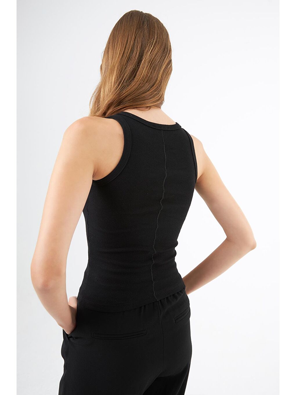 Siyah Pamuklu Kalın Askılı Fitilli Kadın Atlet-7