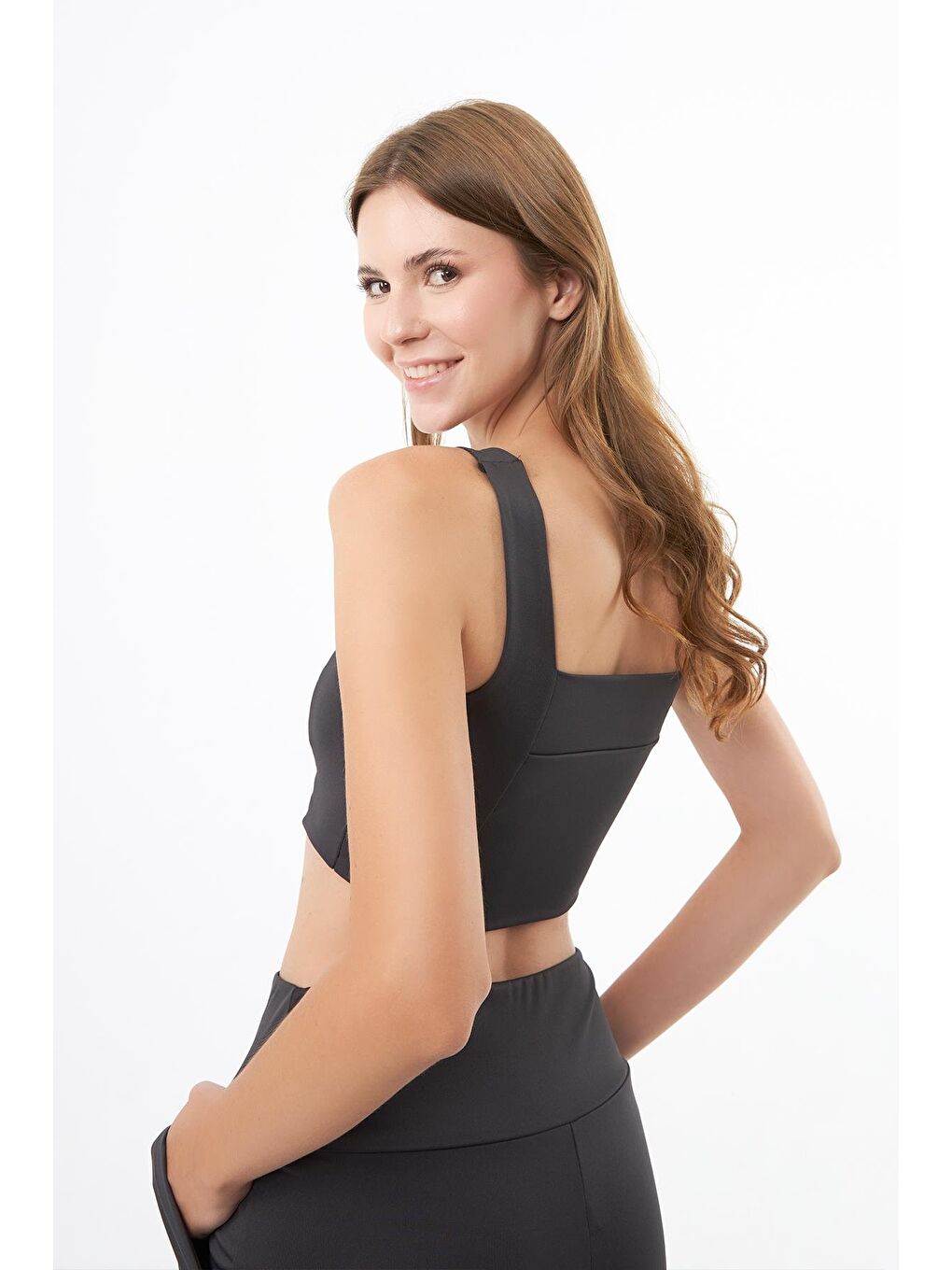 Gri Füme Kare Yaka Crop Top Büstiyer-7