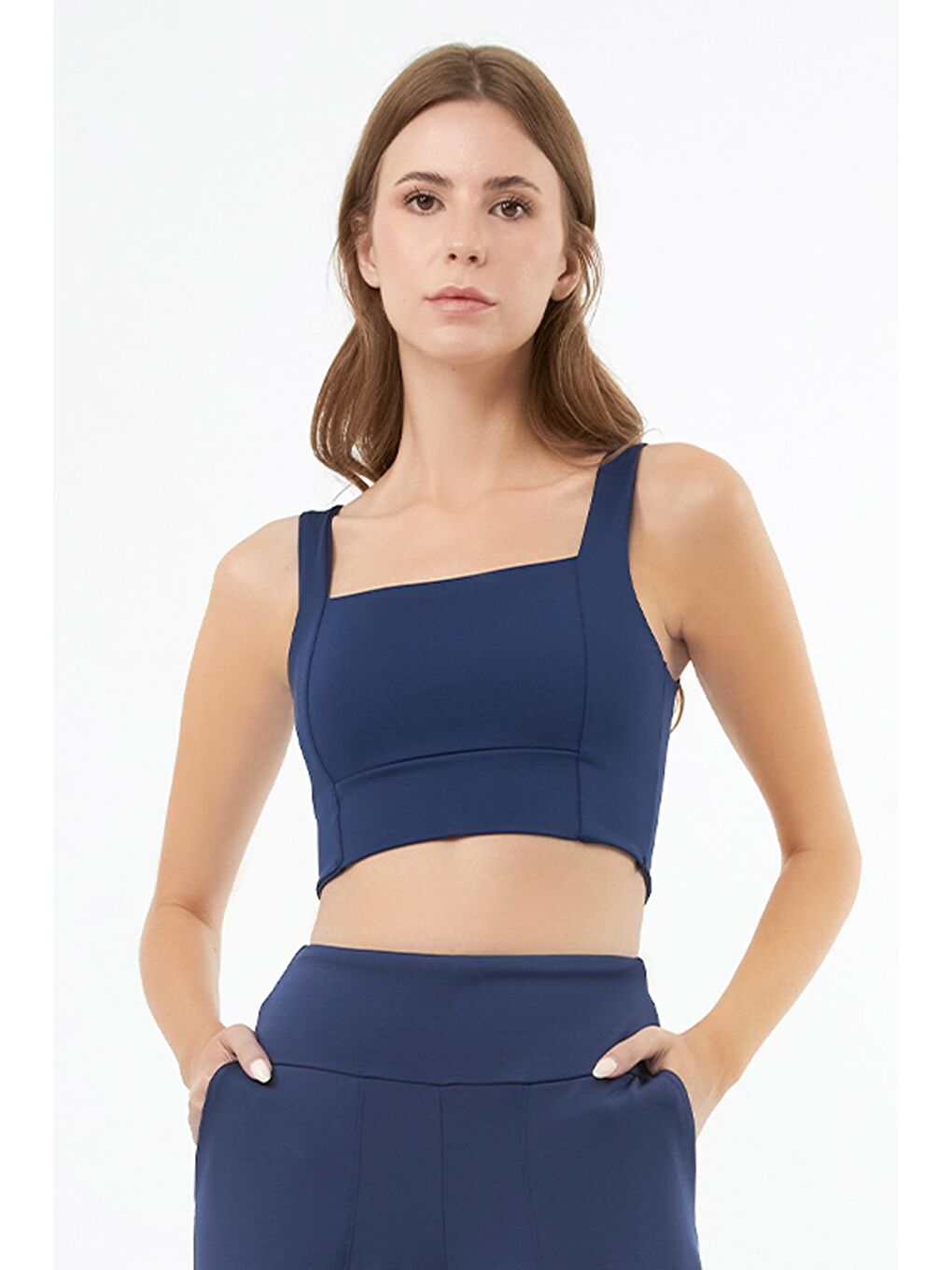 Lacivert Kare Yaka Crop Top Büstiyer