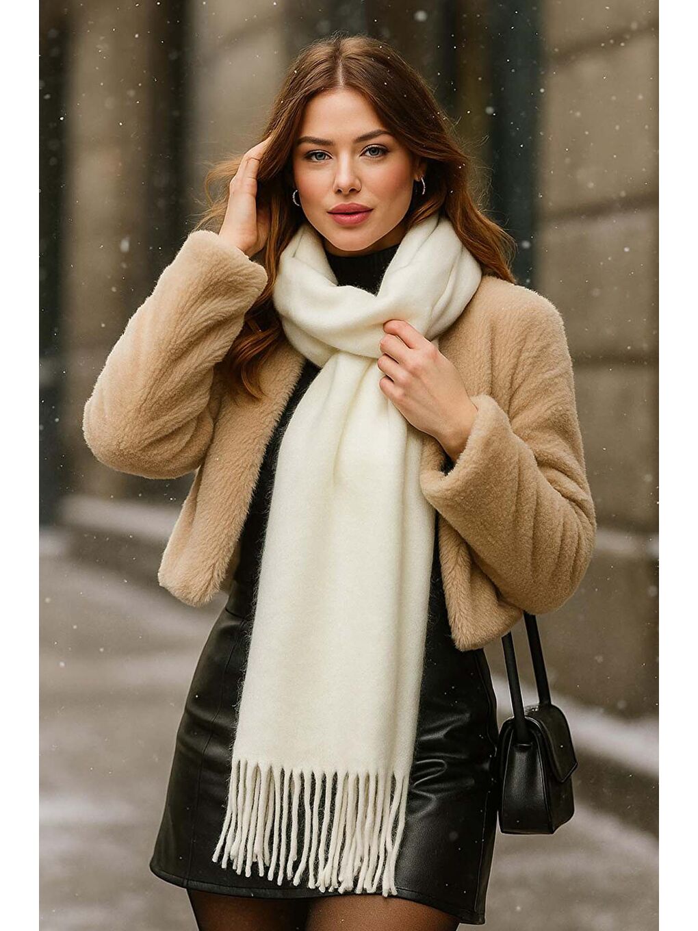 Püsküllü Buklet Atkı Şal 45X200 cm 1285 Ekru-2