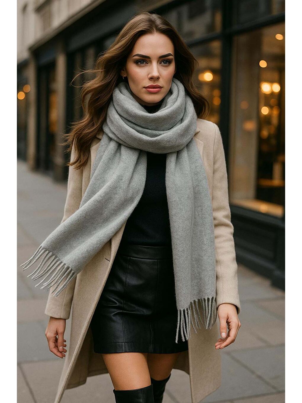 Püsküllü Buklet Atkı Şal 45X200 cm 1285 Gri-6