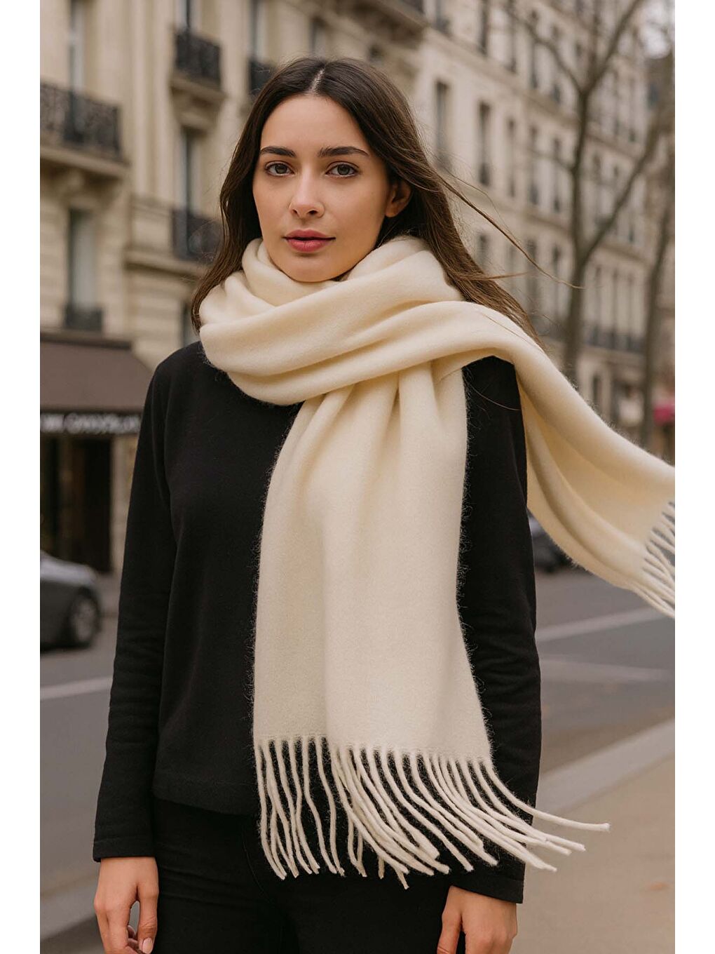 Püsküllü Buklet Atkı Şal 45X200 cm 1285 Bej-5