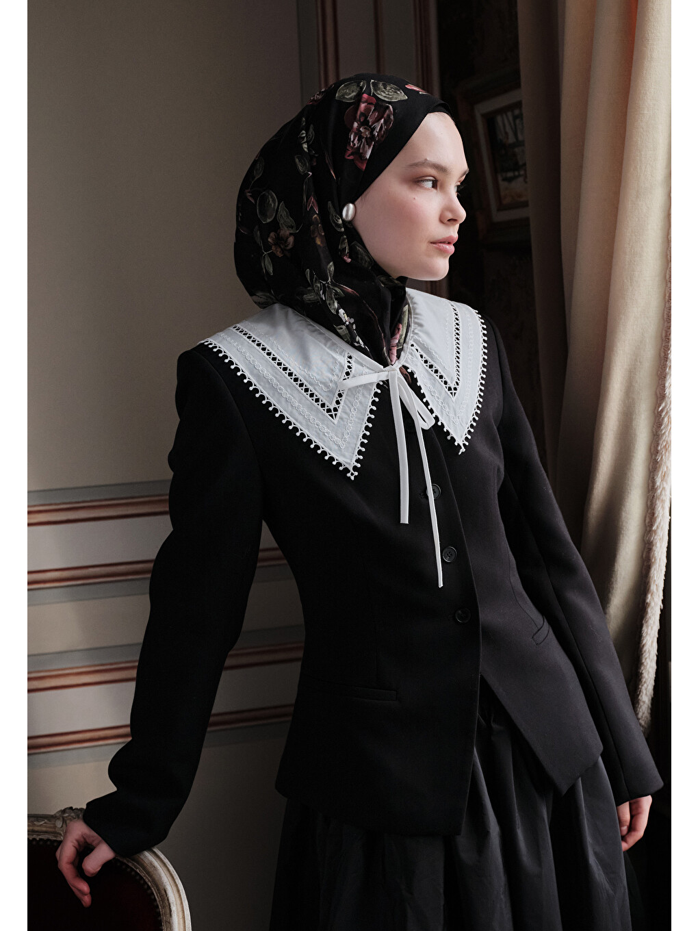 Flower Raın Desenli Pamuk Viskon Şal Siyah-1