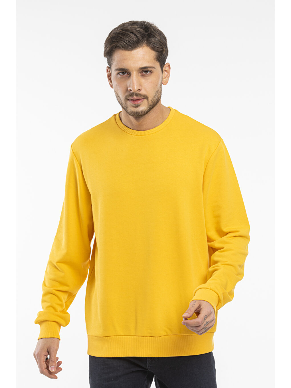 Sarı Erkek Bisiklet Yaka Standart Kalıp 3 İplik İçi Polarlı Kalın Sweatshirt SPR25SW36-1