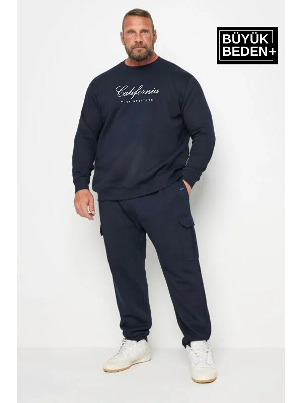 Lacivert El Yazılı California Baskılı  İnce Bisiklet Yaka Erkek Büyük Beden Sweatshirt SPR25BSW63