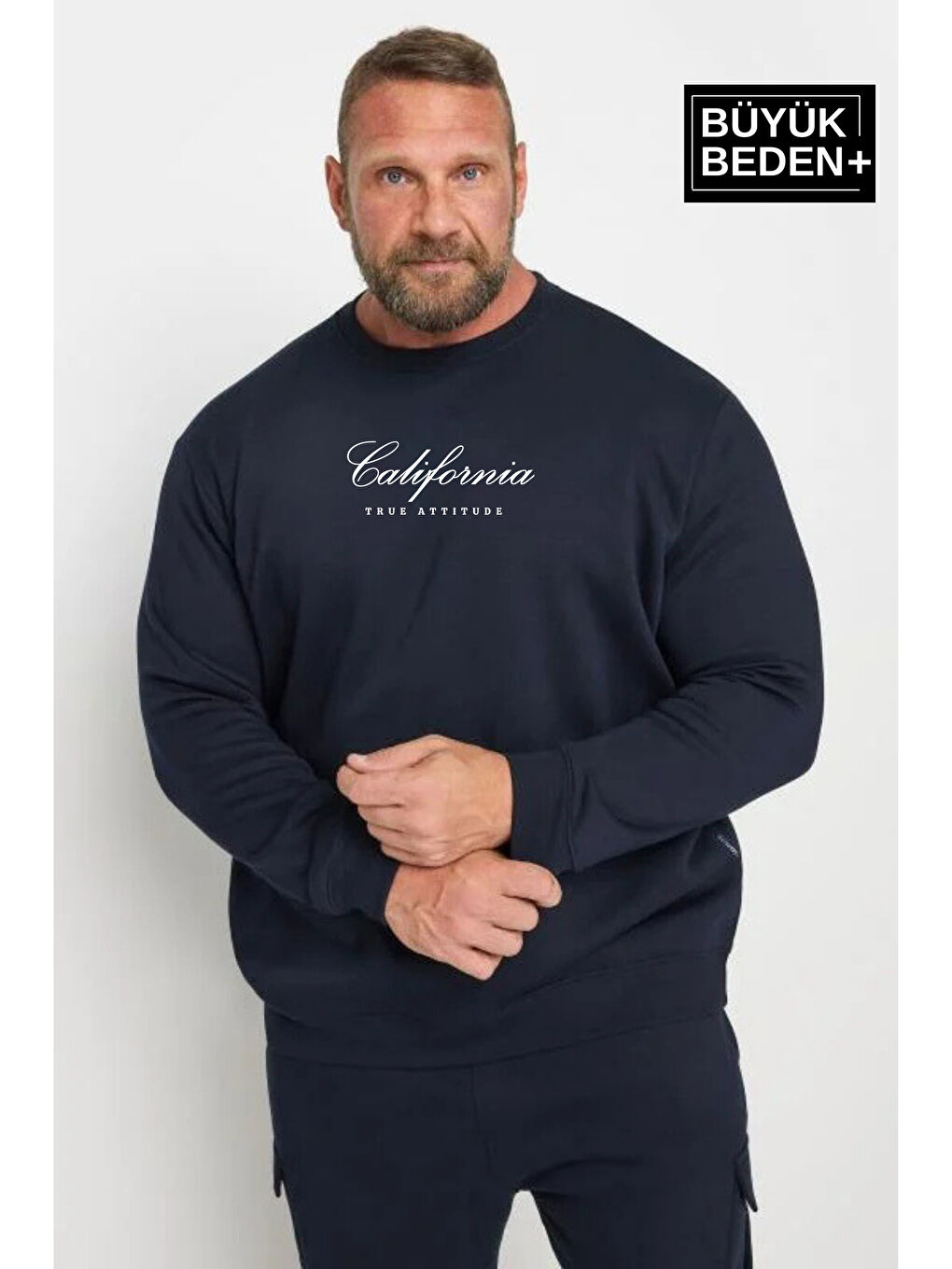 Lacivert El Yazılı California Baskılı  İnce Bisiklet Yaka Erkek Büyük Beden Sweatshirt SPR25BSW63-1