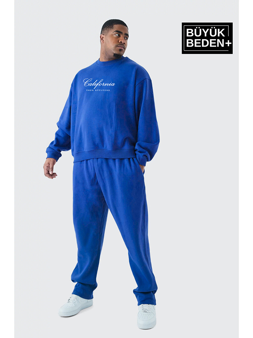 Mavi El Yazılı California Baskılı Büyük Beden İnce Bisiklet Yaka Erkek Sweatshirt SPR25BSW63