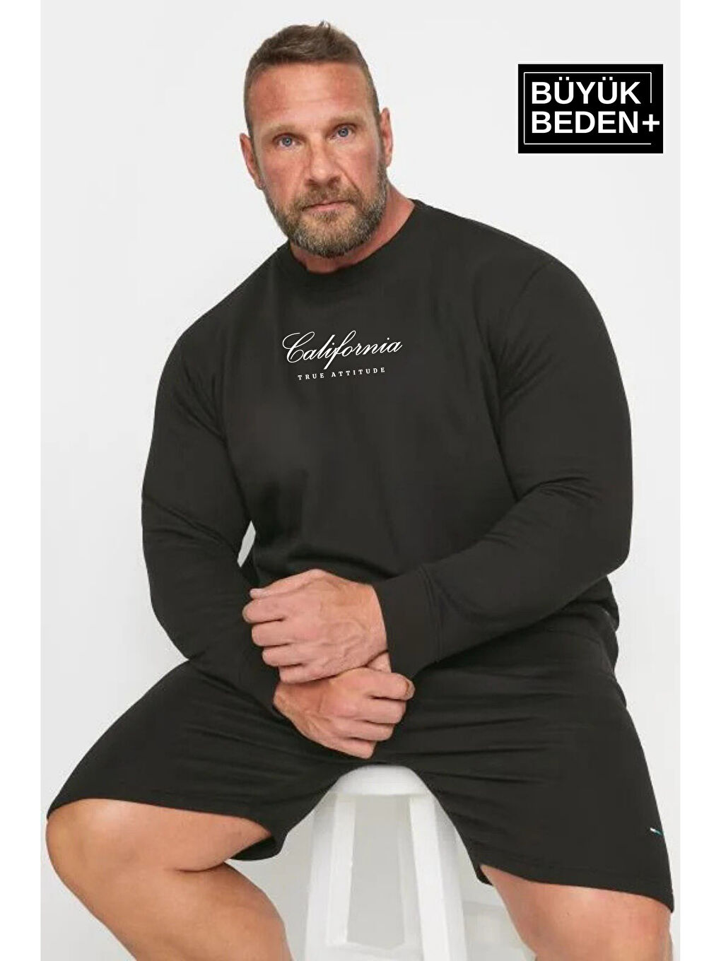 Siyah El Yazılı California Baskılı  İnce Bisiklet Yaka Erkek Büyük Beden Sweatshirt SPR25BSW63