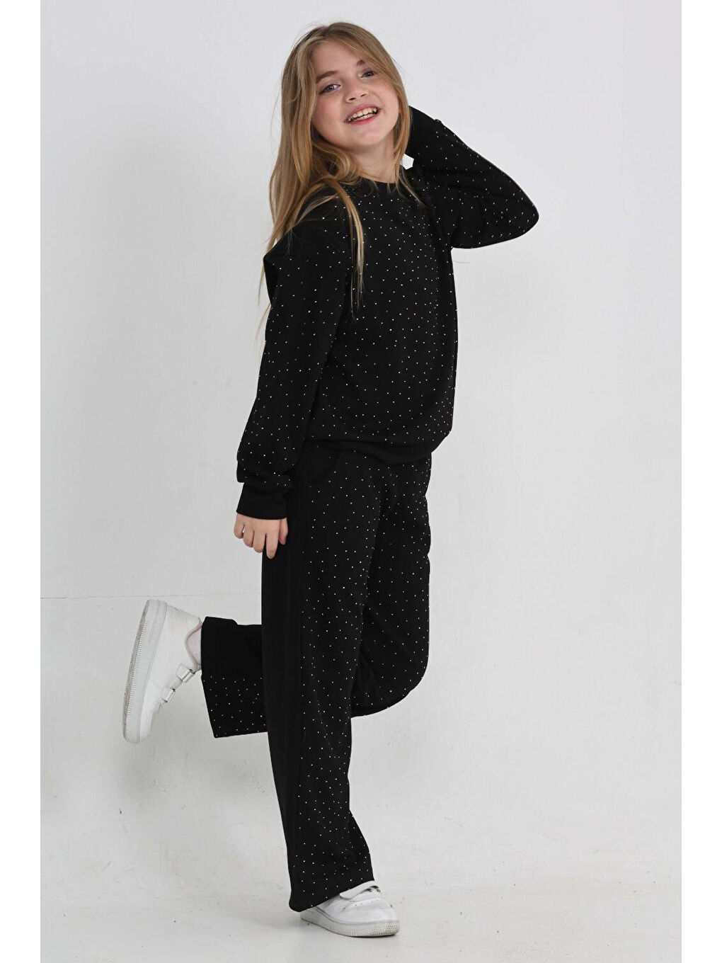 Siyah Kız Çocuk Geniş Paçalı Taş Süslemeli Double Face Kumaş Alt-Üst Takım 12305