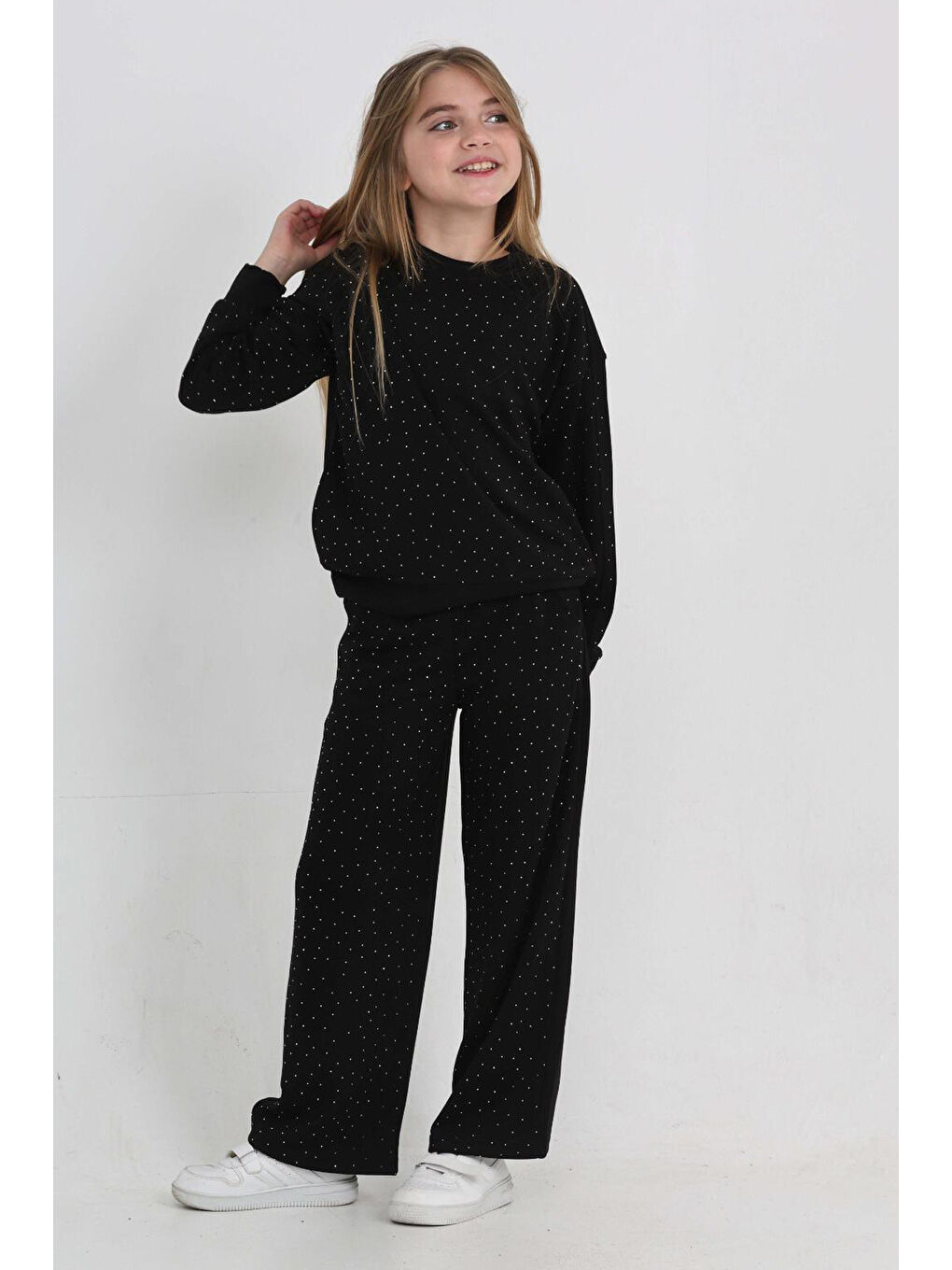 Siyah Kız Çocuk Geniş Paçalı Taş Süslemeli Double Face Kumaş Alt-Üst Takım 12305-2