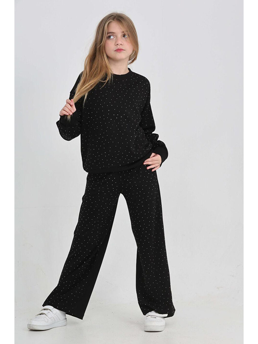 Siyah Kız Çocuk Geniş Paçalı Taş Süslemeli Double Face Kumaş Alt-Üst Takım 12305-3