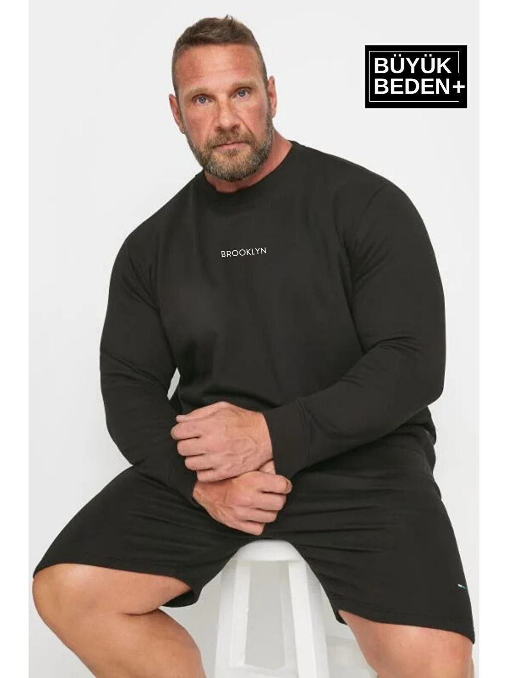 Siyah Orta Brooklyn Baskılı  İnce Bisiklet Yaka Erkek Büyük Beden Sweatshirt SPR25BSW60-1
