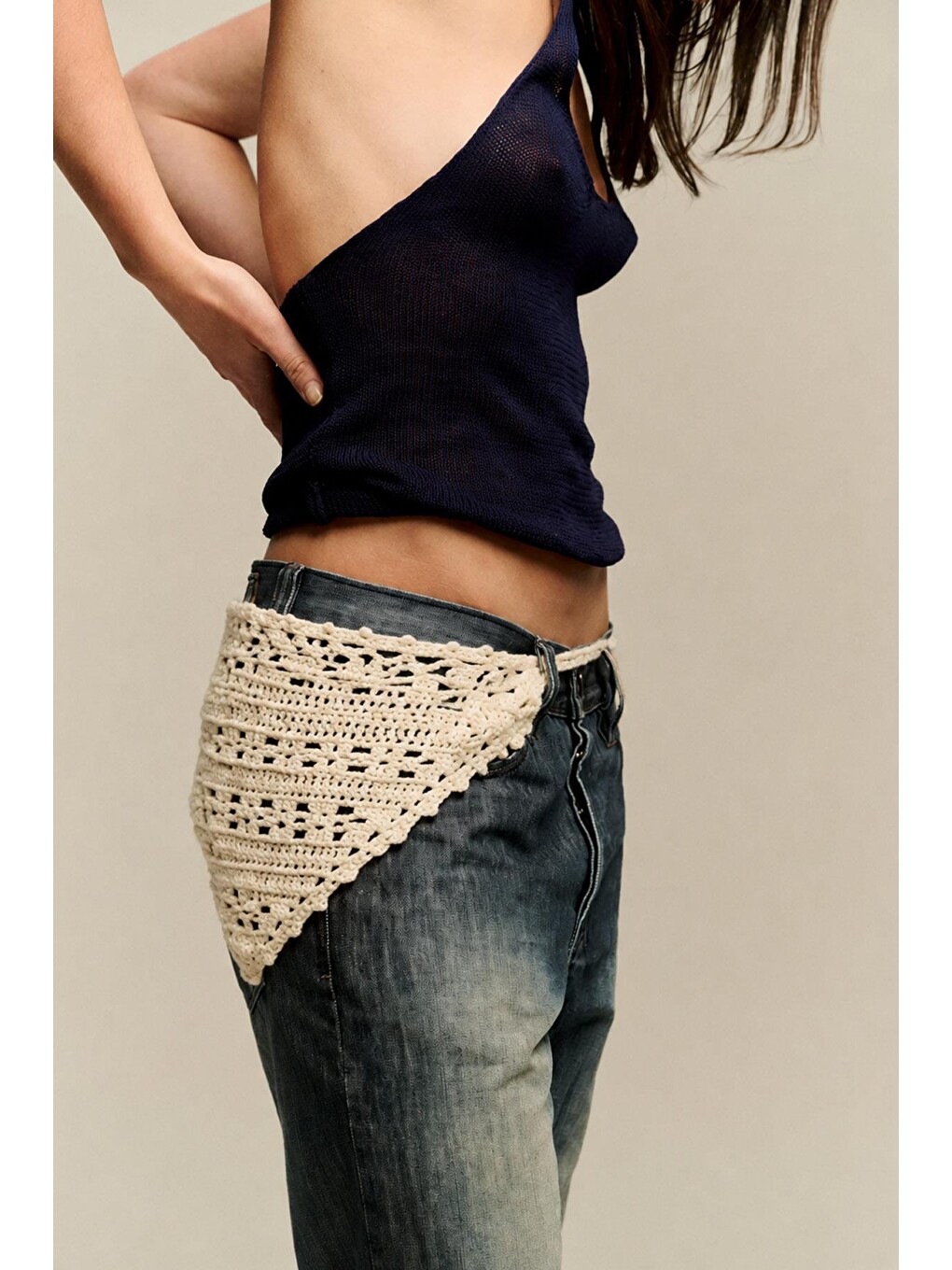 Ekru Düz Örgü Crochet Üçgen Bandana-2