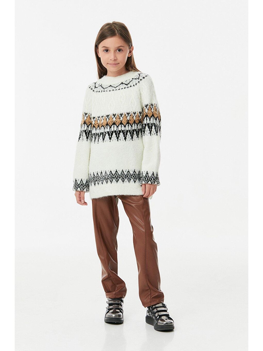 Ekru Bisiklet Yaka Kız Çocuk Triko Kazak-1