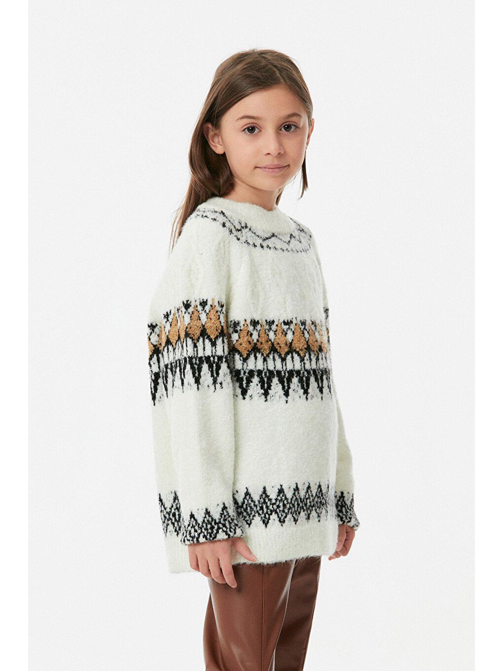 Ekru Bisiklet Yaka Kız Çocuk Triko Kazak-2