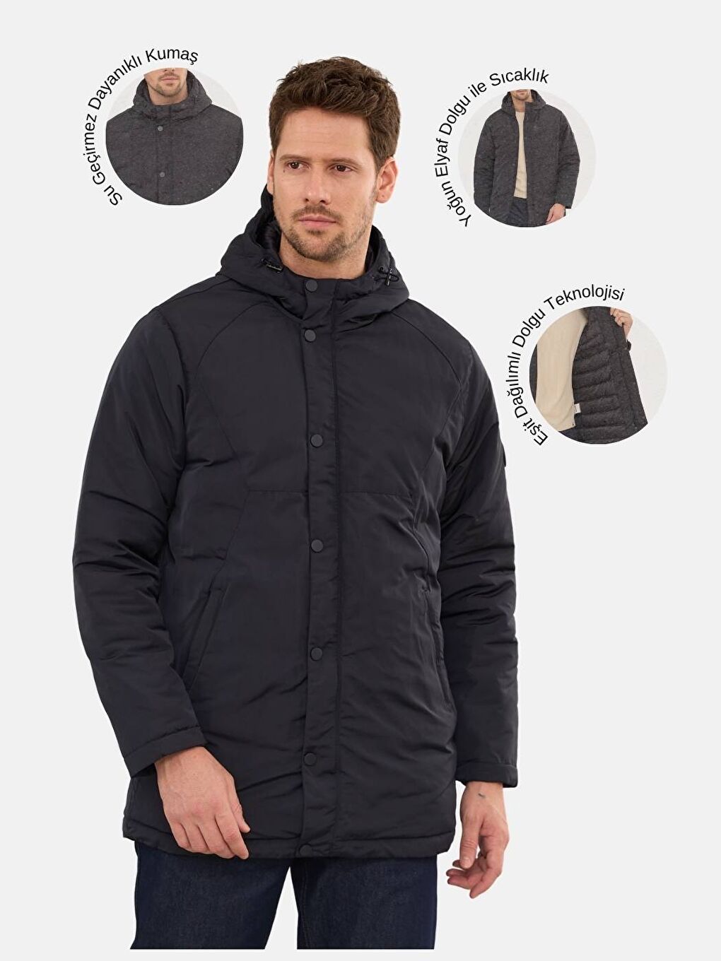 Erkek Kapüşonlu Su Geçirmez Mont Kaban Lacivert