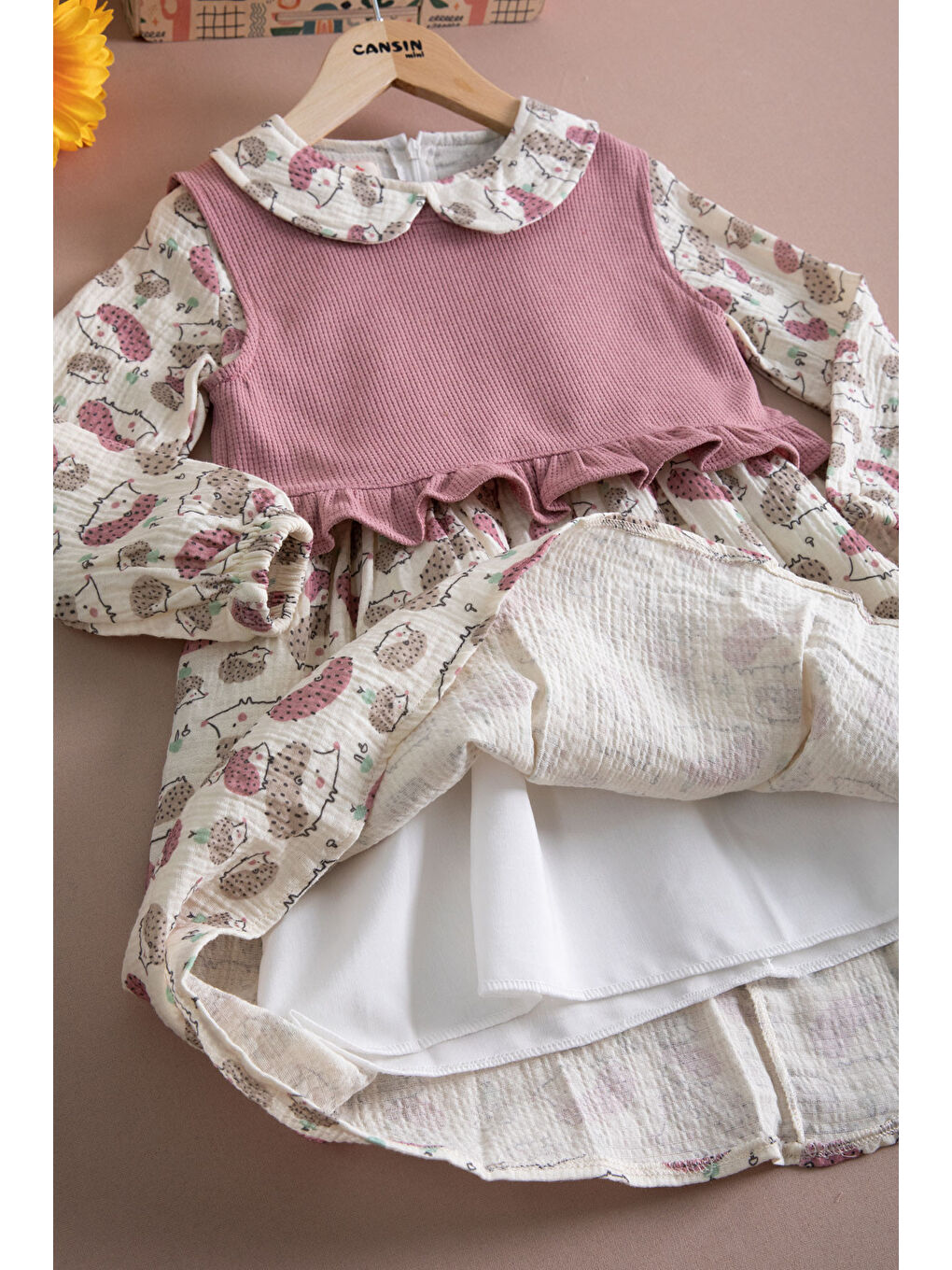 Pembe Kirpi Desenli Süveterli Kız Çocuk Elbise 20222-1