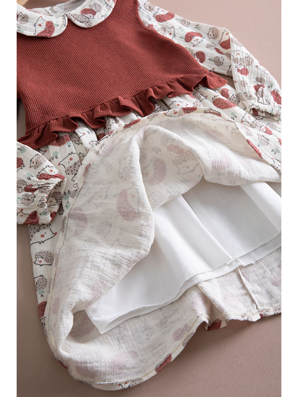 Kahverengi Kahve Kirpi Desenli Süveterli Kız Çocuk Elbise 20221-1