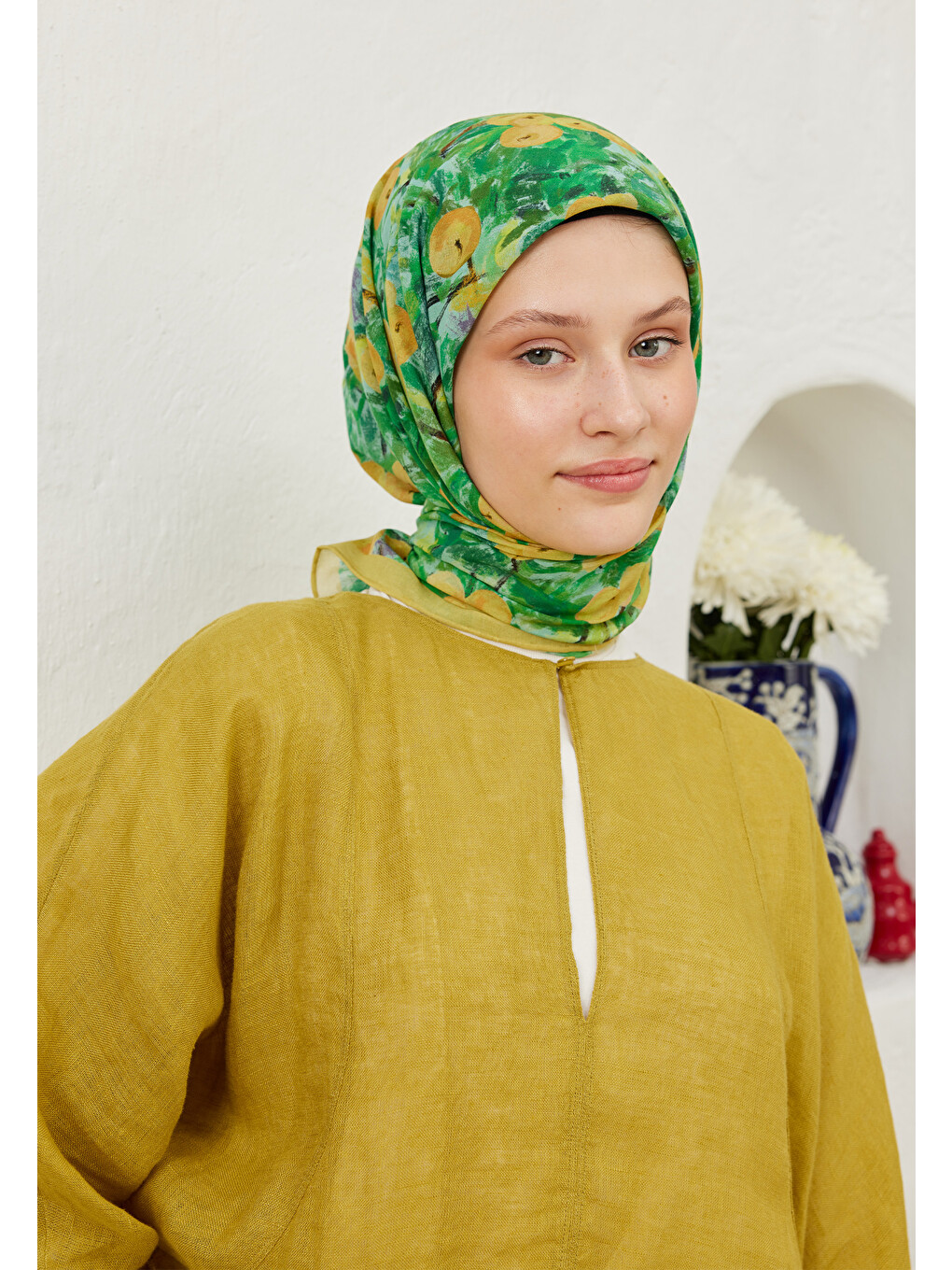 Peach Garden Desen Pamuk Vual Eşarp Pastel Sarı