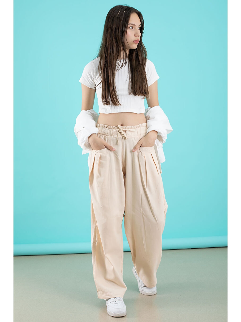 Ekru Krem Kız Çocuk Croplu Taşlı Gömlek ve Pantolonlu 3'lü Takım 20509-1