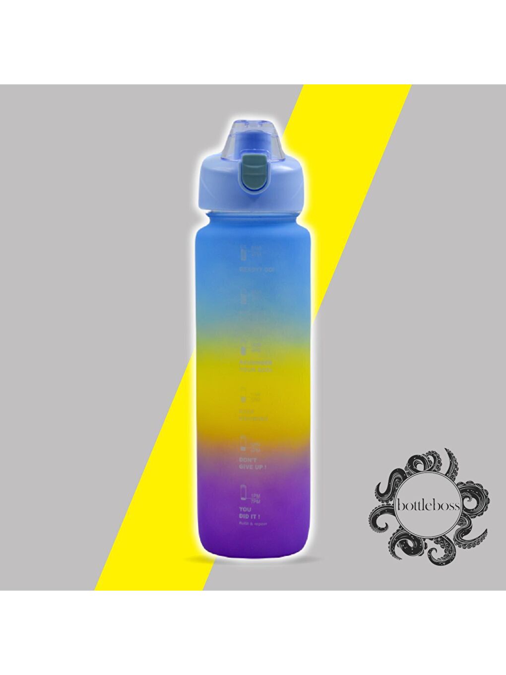 BottleBoss Mavi Pastel Renk Geçişli Sızdırmaz Kapak Motivasyon Matarası 1100 Ml Sticker HEDİYELİ Mavi