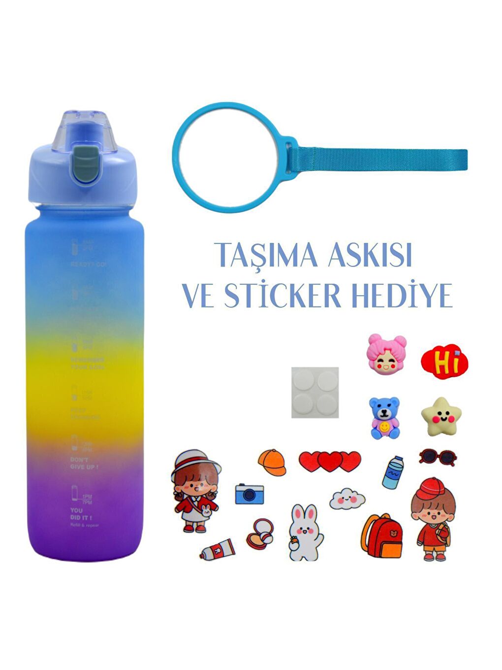 BottleBoss Mavi Pastel Renk Geçişli Sızdırmaz Kapak Motivasyon Matarası 1100 Ml Sticker HEDİYELİ Mavi - 1