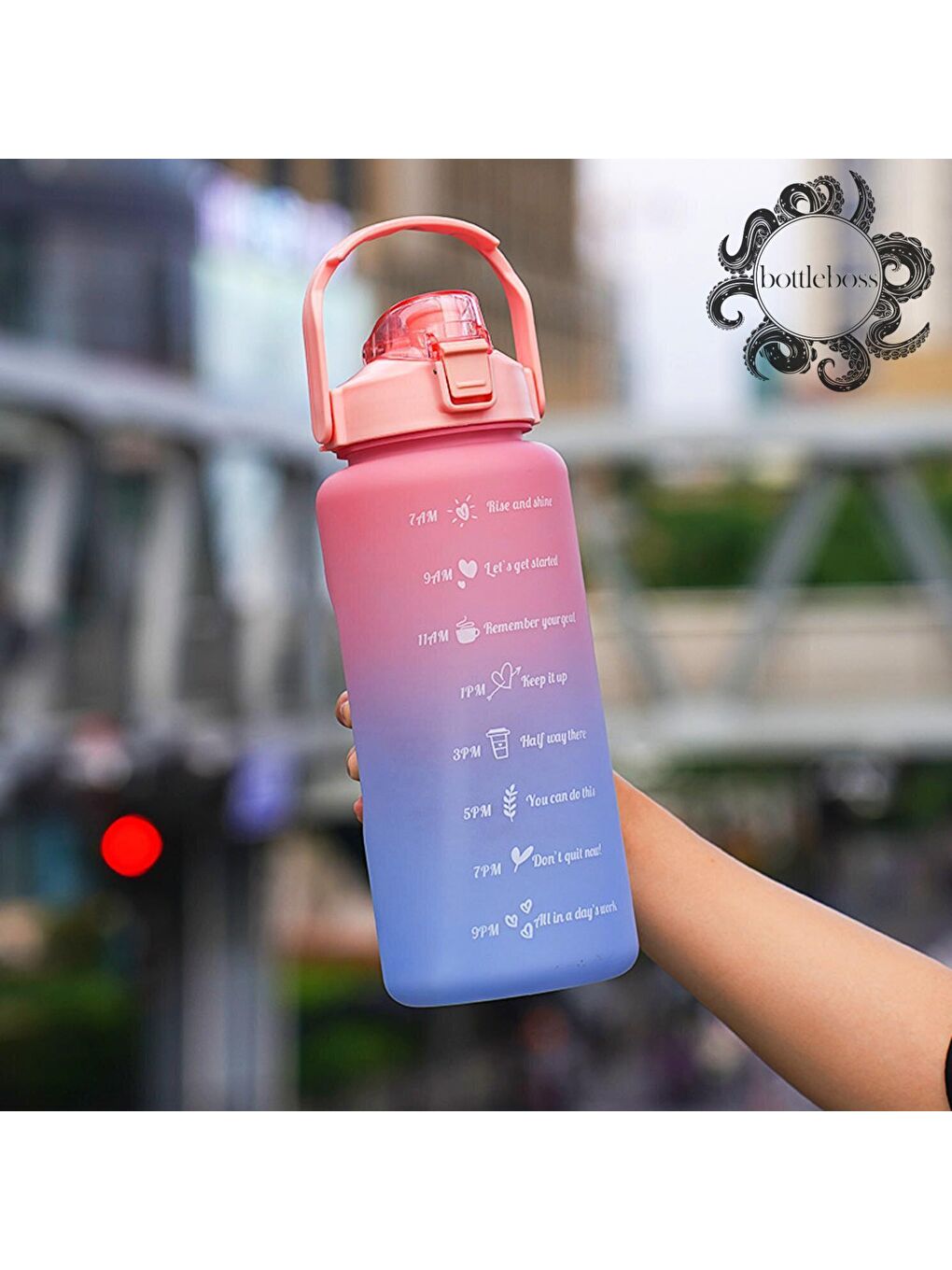 BottleBoss Pastel Renk Geçişli Sızdırmaz Kapak Motivasyon Matarası 2 Litre Sticker HEDİYELİ Pembe