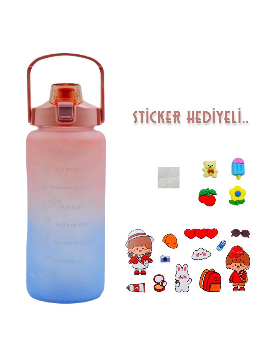 BottleBoss Pastel Renk Geçişli Sızdırmaz Kapak Motivasyon Matarası 2 Litre Sticker HEDİYELİ Pembe - 1