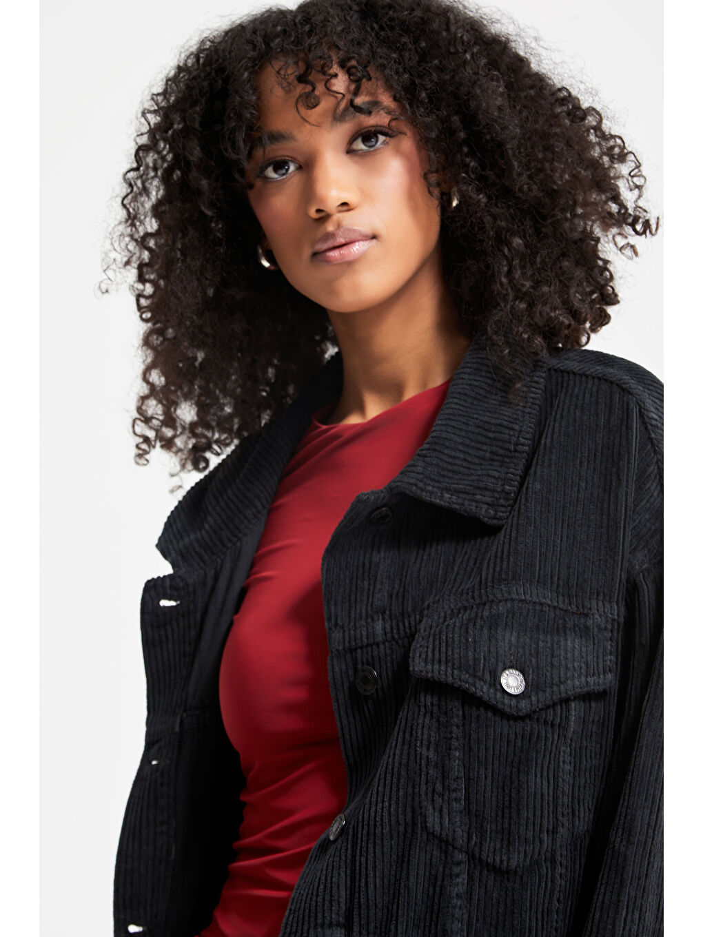 Gri Kadın Füme Renk Kalın Fitilli Kadife Kumaş Oversize Ceket-3