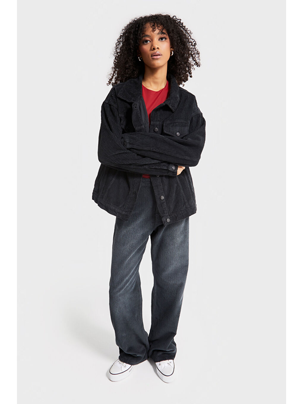 Gri Kadın Füme Renk Kalın Fitilli Kadife Kumaş Oversize Ceket-4