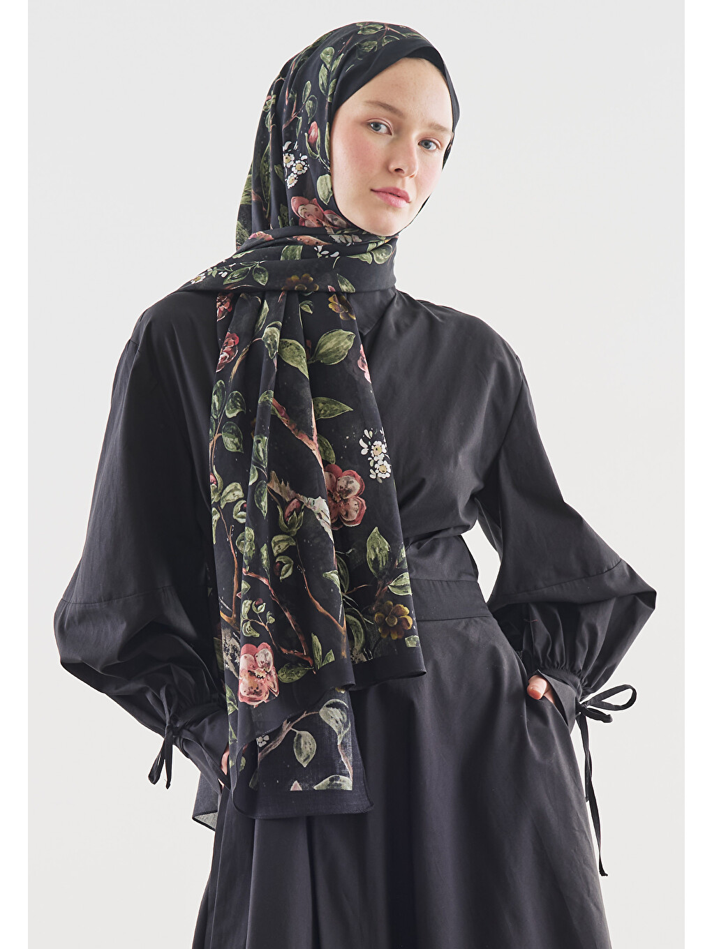 Siyah Flower Raın Desenli Pamuk Viskon Şal-2