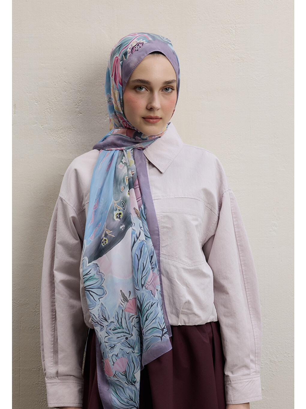 Flower Dreams Desen İpek Krep Şal Soft Pembe-2