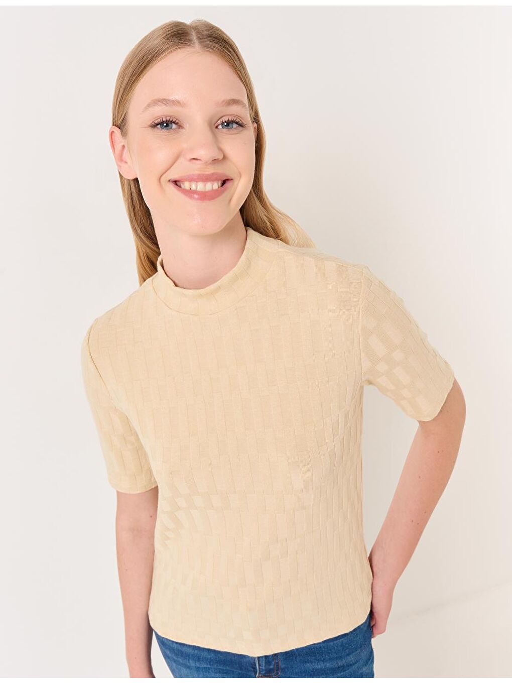 Bej Taş Balıkçı Yaka Kısa Kollu Bluz-2