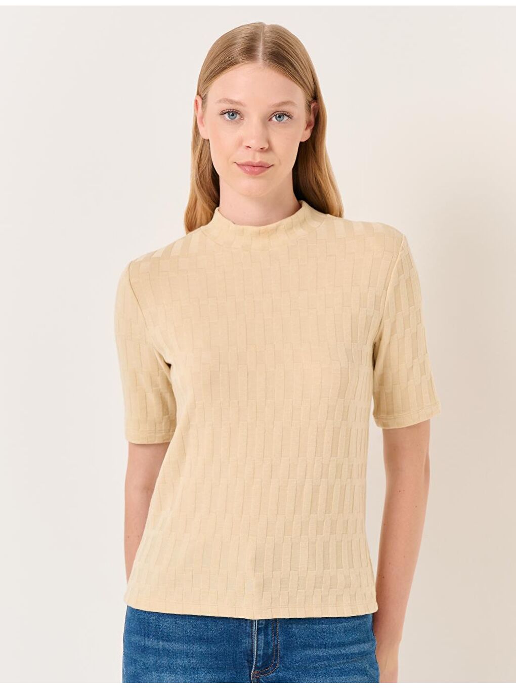Bej Taş Balıkçı Yaka Kısa Kollu Bluz-3