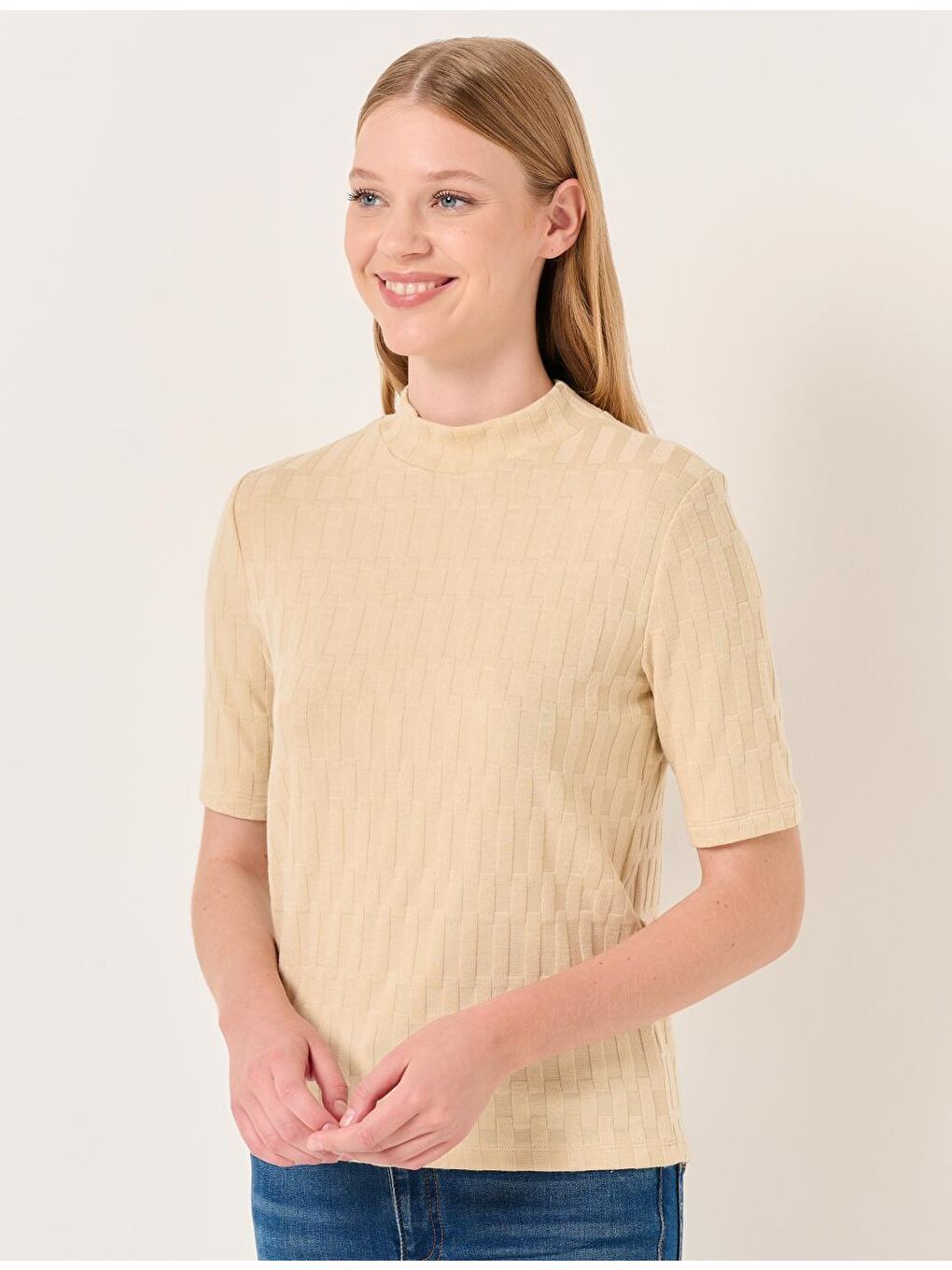 Bej Taş Balıkçı Yaka Kısa Kollu Bluz-4