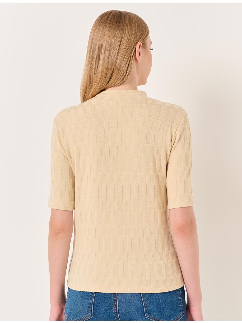 Bej Taş Balıkçı Yaka Kısa Kollu Bluz-5