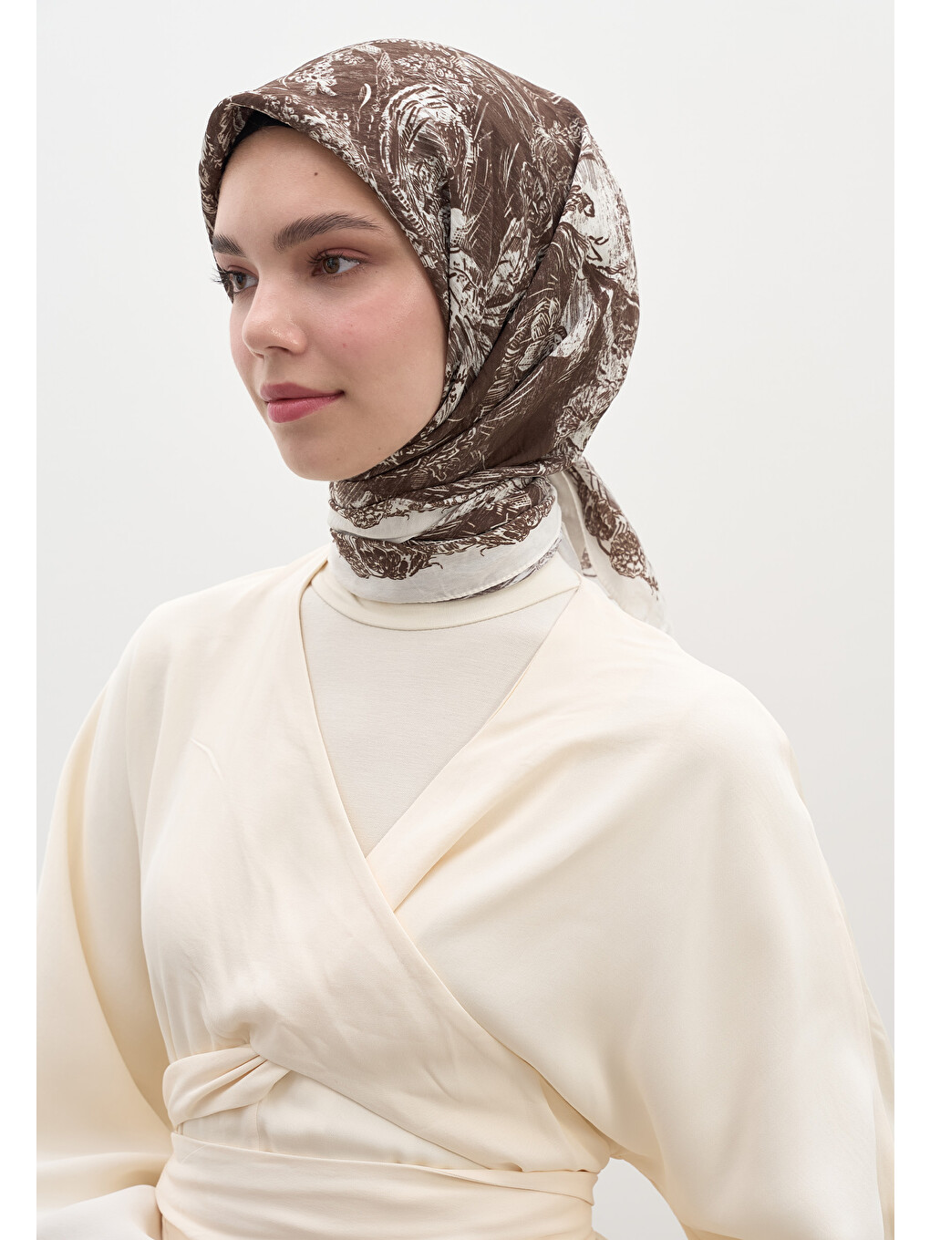 Kahverengi Secret Elegance Desen Pamuklu Viskon Eşarp Acı Kahve-3
