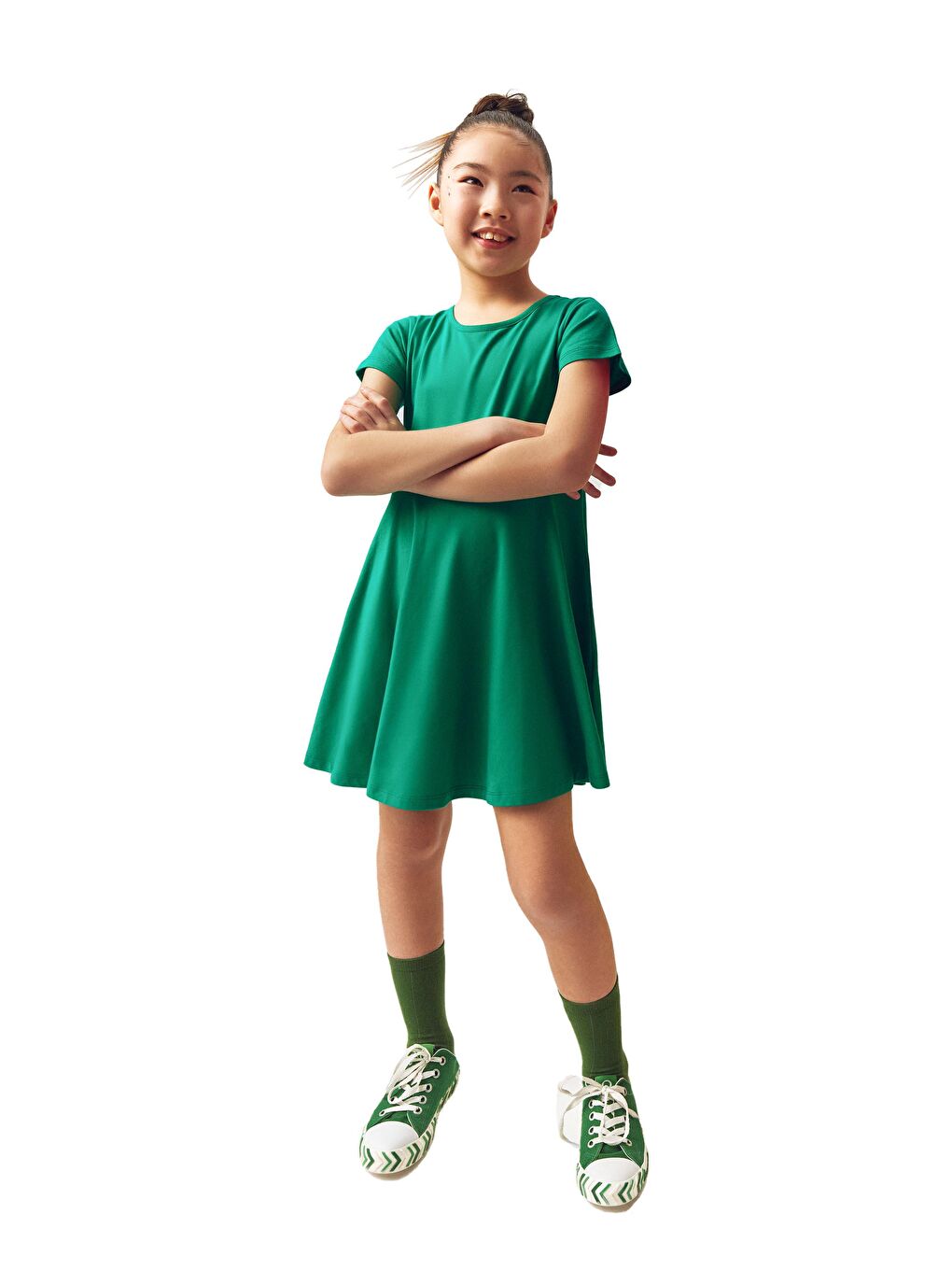 Açık Turkuaz Kız Çocuk Düz Basic Kısa Kol Elbise-1