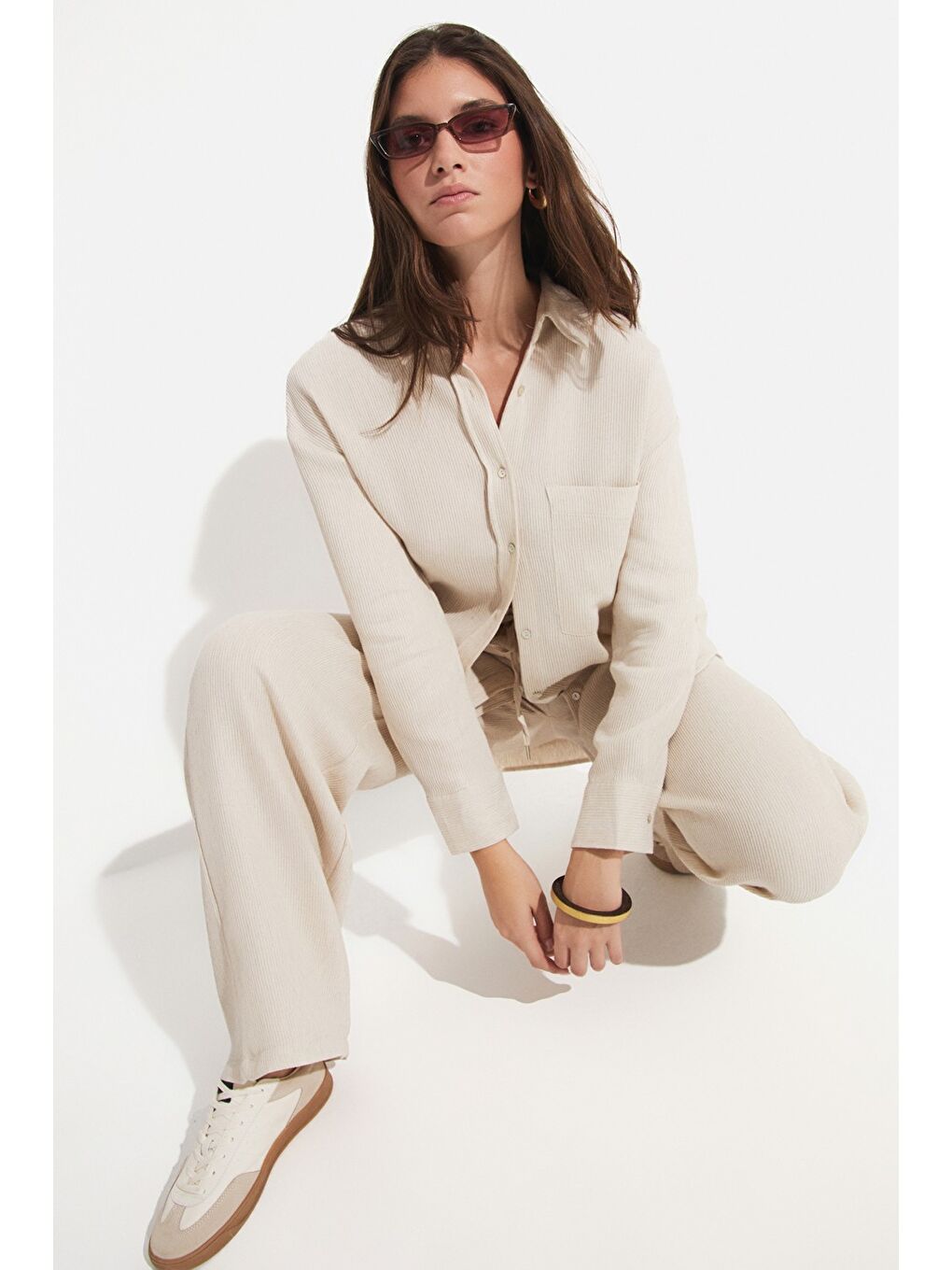 Bej Kadın Exclusive Regular/Normal Kalıp Keten Viskon Karışımlı Cep Detaylı Gömlek-3