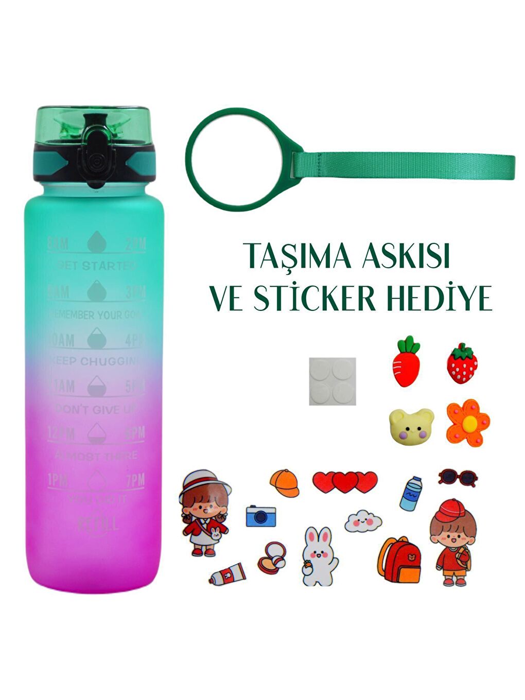 BottleBoss Yeşil Renk Geçişli Sızdırmaz Kapak Motivasyon Matarası 1 Litre Sticker HEDİYELİ Yeşil (BB-899591) - 1