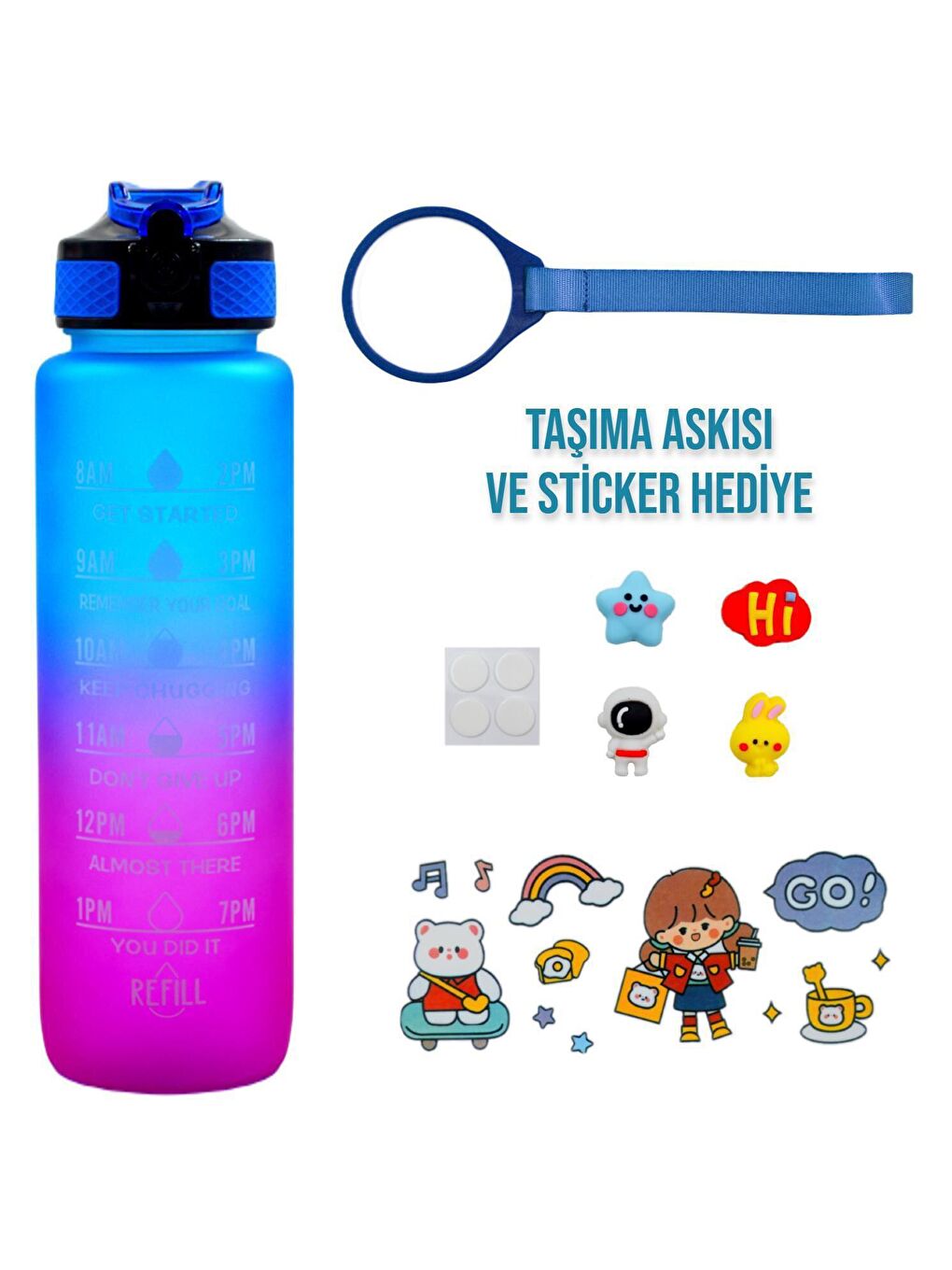 BottleBoss Renk Geçişli Sızdırmaz Kapak Motivasyon Matarası 1 Litre Sticker HEDİYELİ Mavi (BB-89959) - 1