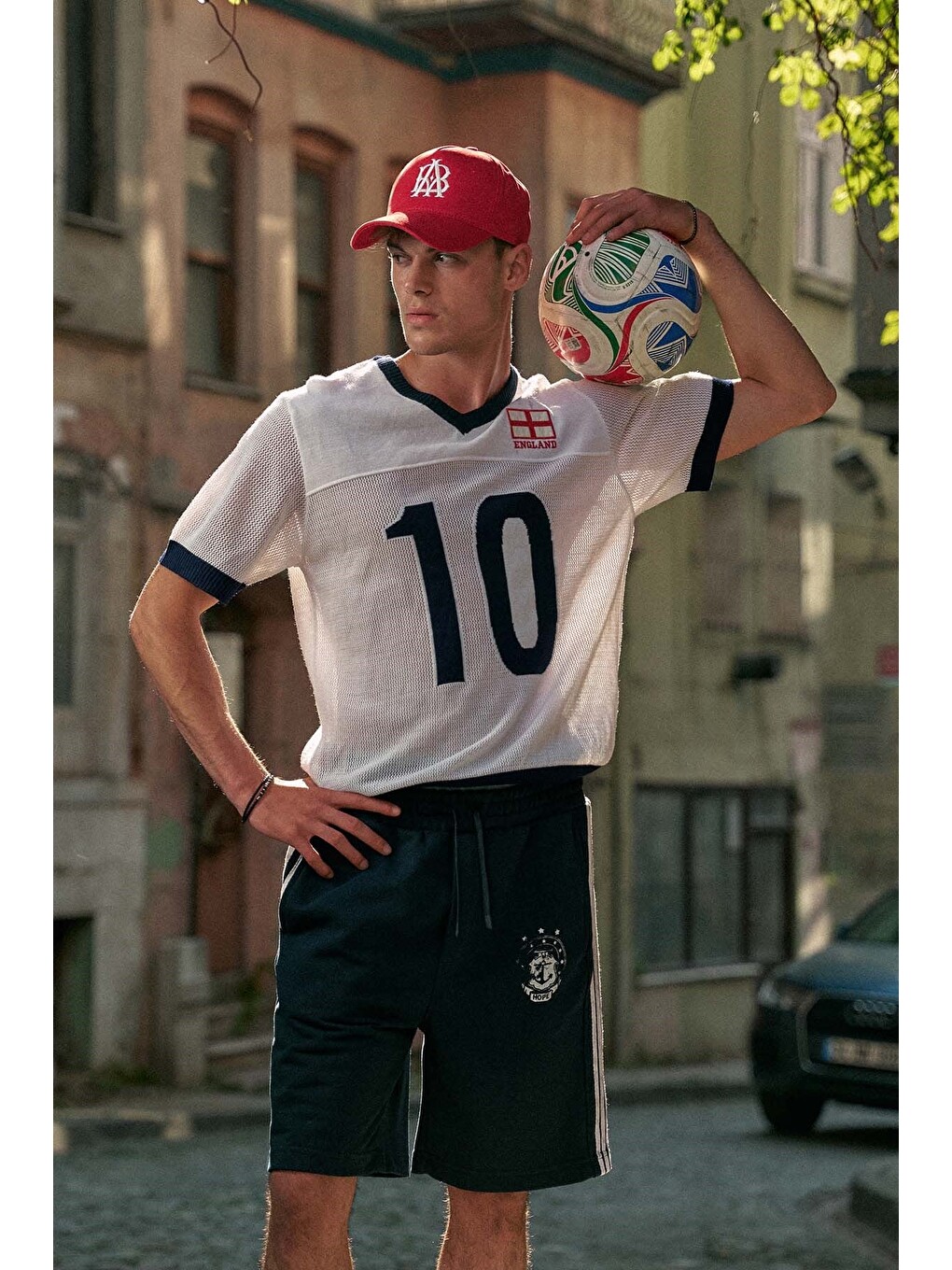 Erkek Oversize Futbol V Yaka Triko Forma Tişört Ekru-2