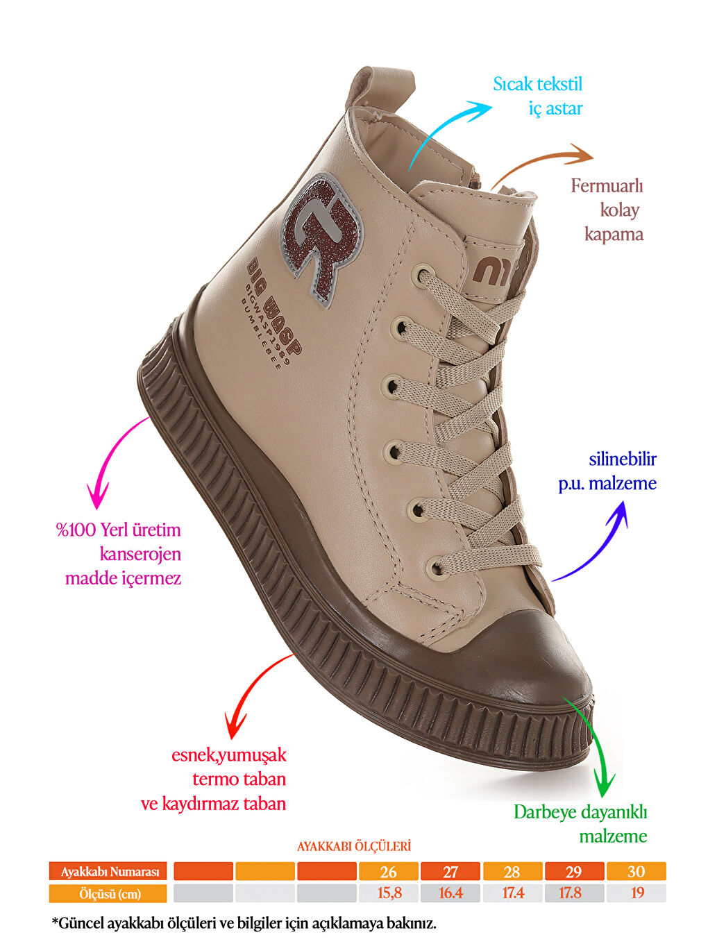 Bej Wasp Fermuarlı Günlük Kız Çocuk Bot Ayakkabı-1