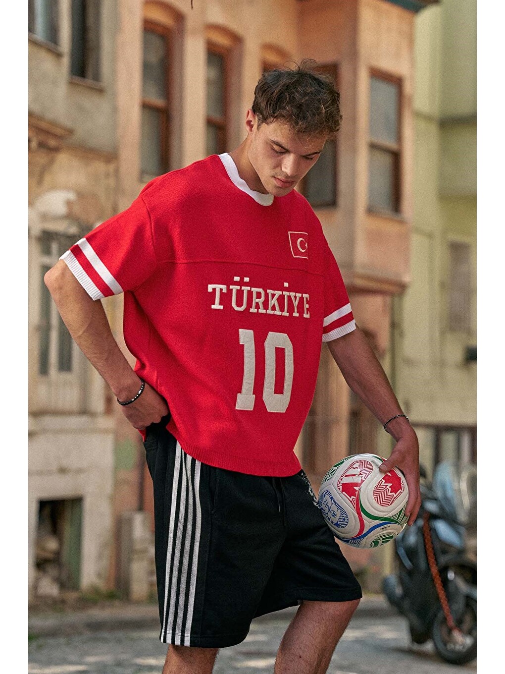 Unisex Oversize Premium Ay Yıldız Triko Forma T-Shirt Kırmızı-3